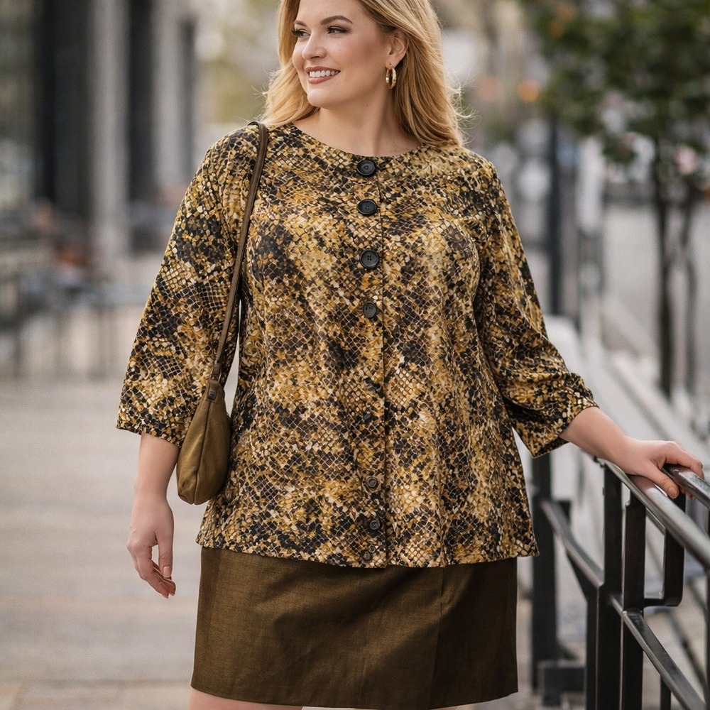 Dana Kay Woman's Olive Snakeskin Print 2 Piece Skirt Suit Set Plus 18W Statement